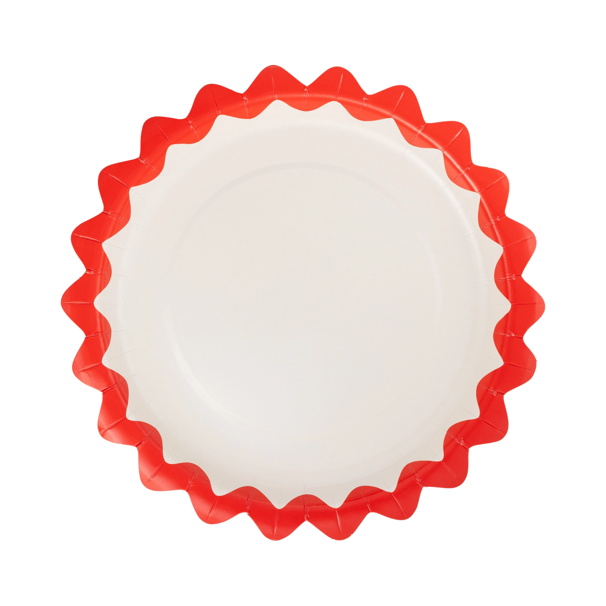 Cream round paper plate with a bold red zig-zag edge on a white background.
