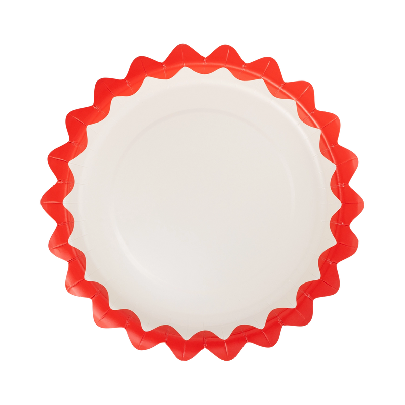 Cream round paper plate with a bold red zig-zag edge on a white background.