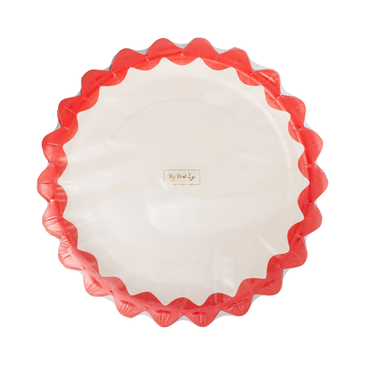 Cream paper plate with a red zig-zag edge shown at a slight angle.