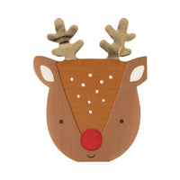 Rudolph-shaped paper napkin with gold foil antlers and red nose