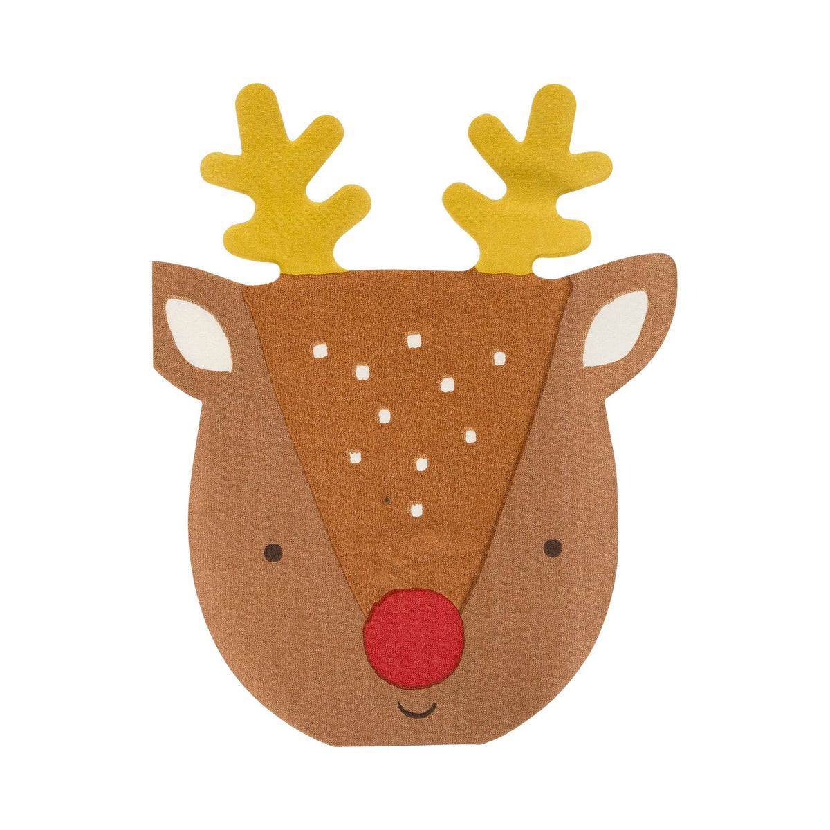 Another view of Rudolph-shaped paper napkin with gold foil antlers and red nose