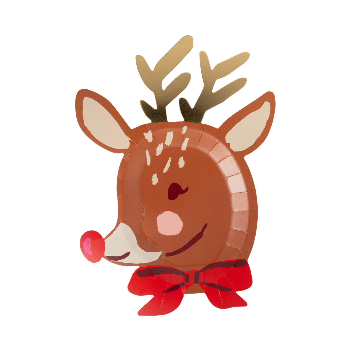 Reindeer shaped paper plate with gold foil antlers, red nose, and red bow