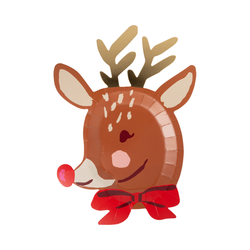 Reindeer shaped paper plate with gold foil antlers, red nose, and red bow