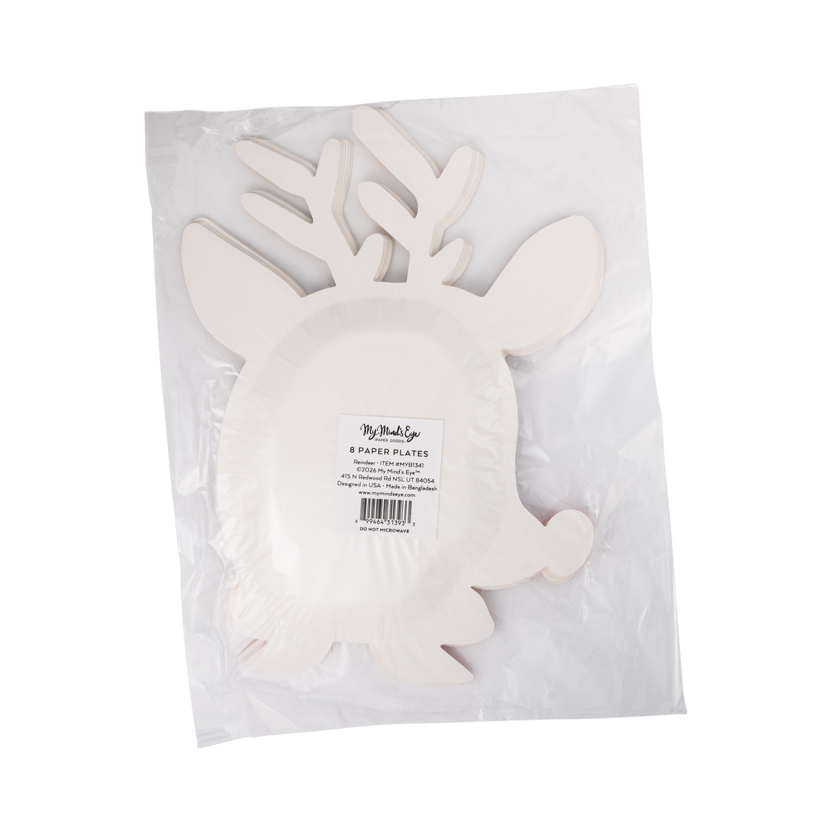Back of reindeer shaped paper plate pack showing label for 8 paper plates