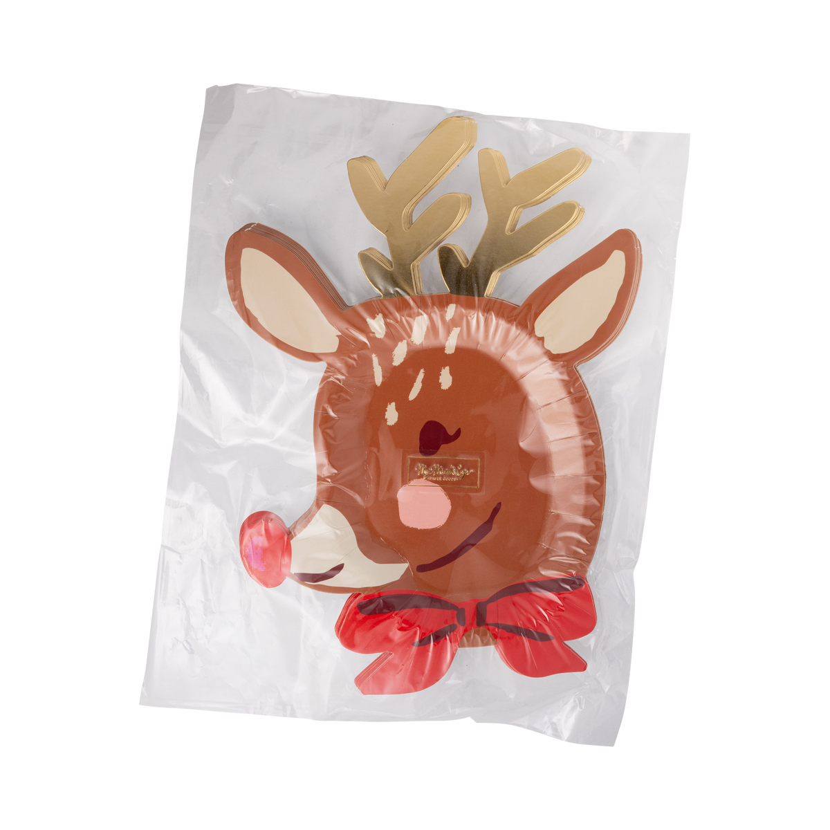Stack of reindeer shaped paper plates with gold foil antlers in clear packaging