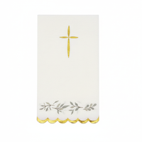 religious eucalyptus scalloped napkin with gold cross design
