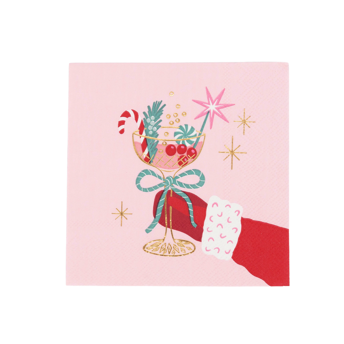 Top-down studio view of a pink square paper cocktail napkin featuring a retro illustration of a red-gloved hand holding a festive coupe glass with a candy cane.