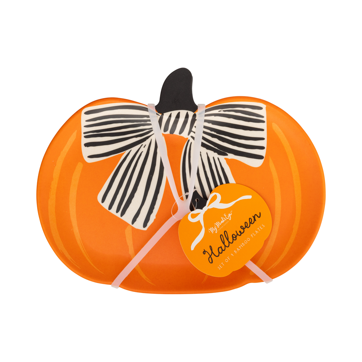 Reusable Halloween bamboo plate with a black and white bow and 'Happy Halloween' label.