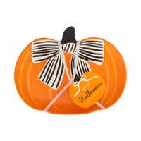 Reusable Halloween bamboo plate with a black and white bow and 'Happy Halloween' label.
