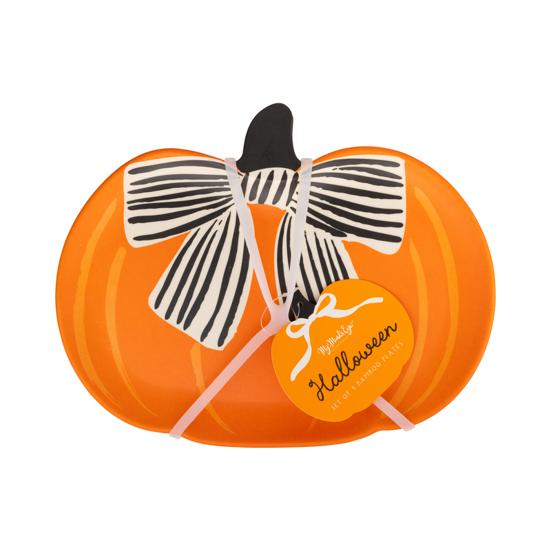 Reusable Halloween bamboo plate with a black and white bow and 'Happy Halloween' label.