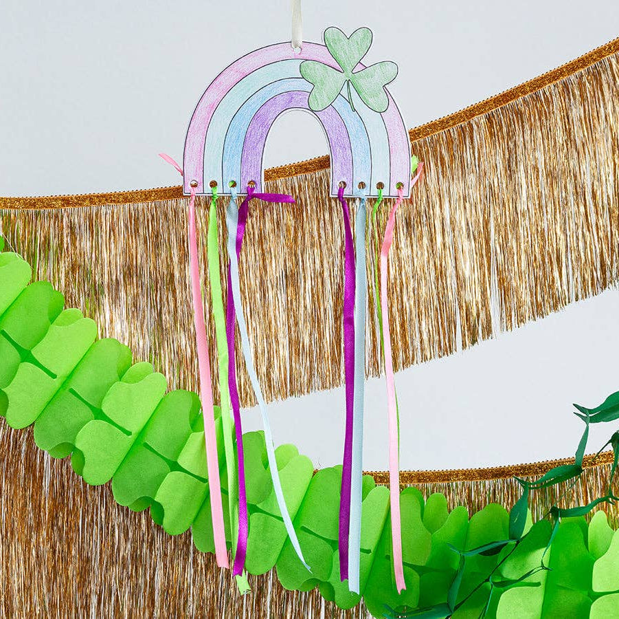 Ribbon rainbow craft with colorful ribbons hanging for St. Patrick’s Day décor