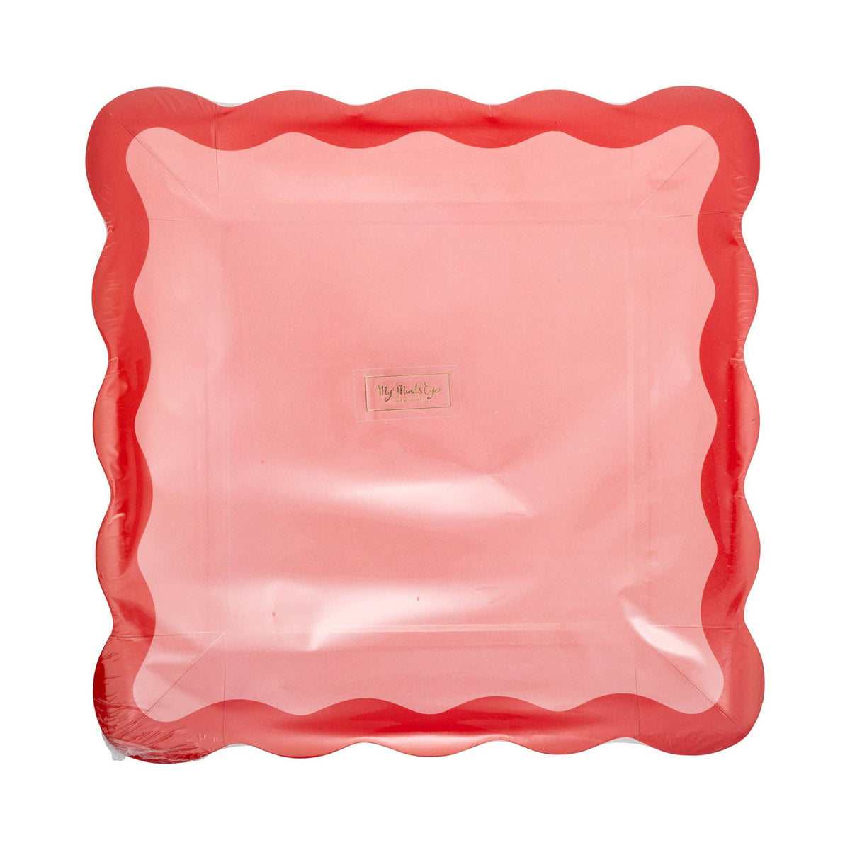 Front view of pink and red ric rac paper plate packaging