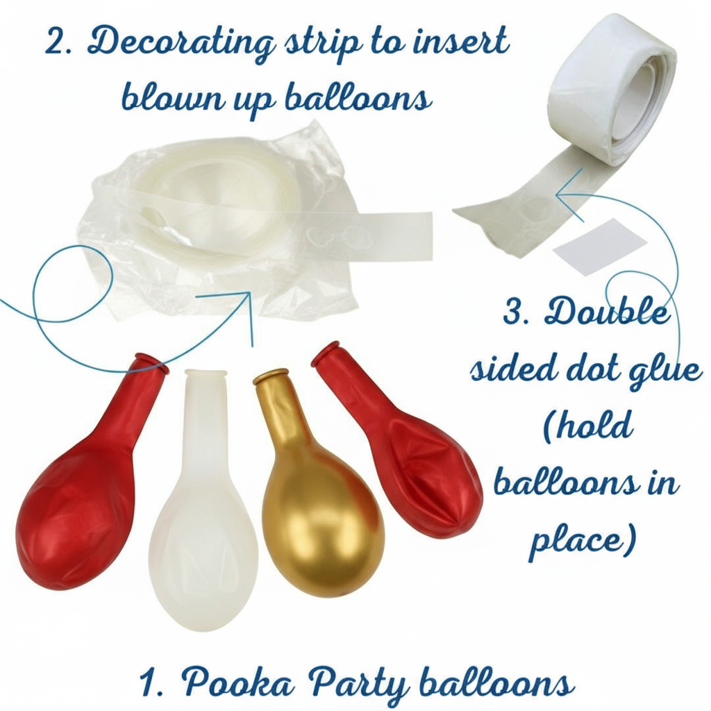 Detailed diagram showing balloons, decorating strip, and double-sided glue dots