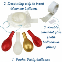 Detailed diagram showing balloons, decorating strip, and double-sided glue dots