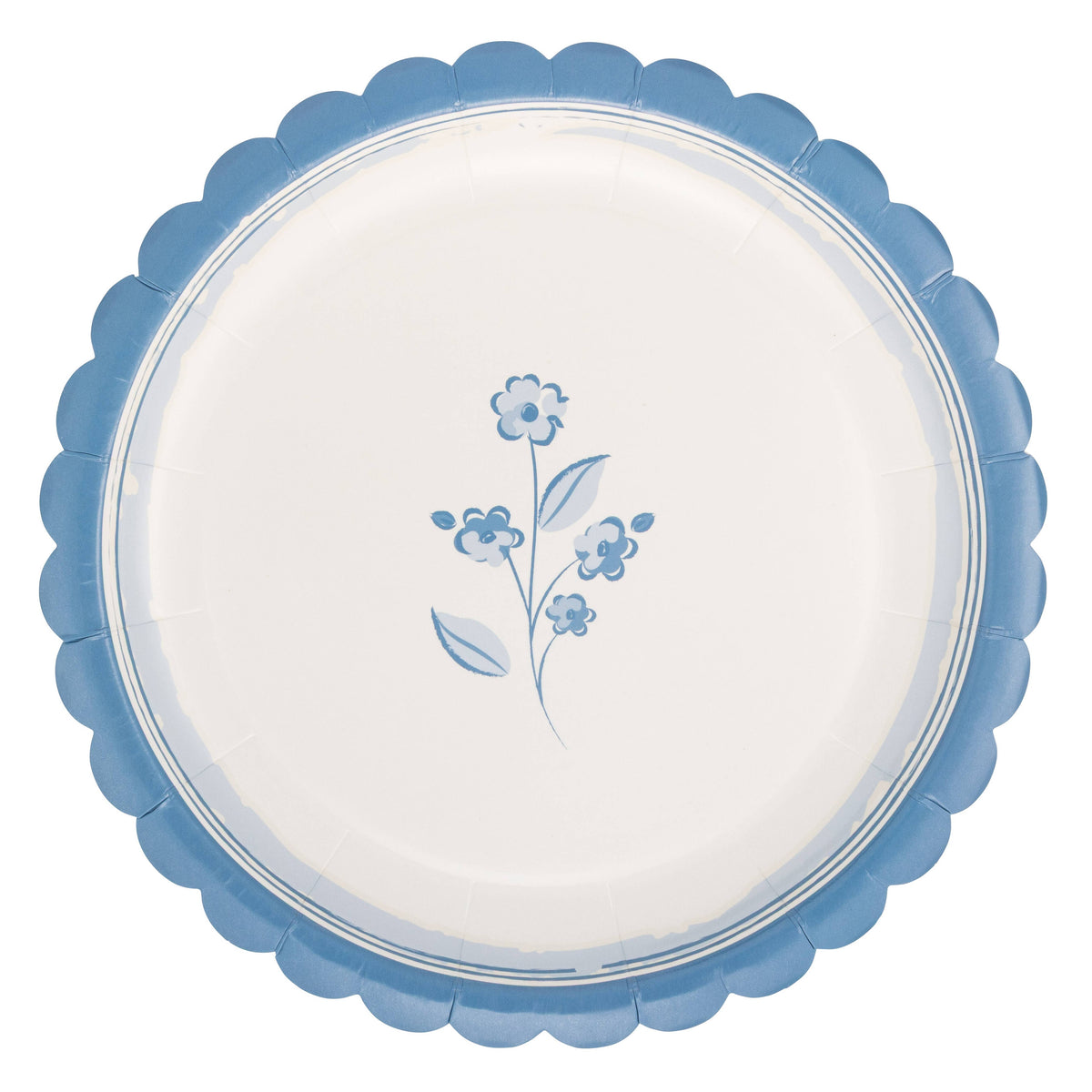 Round blue floral Easter paper plate with scalloped edge on white background.