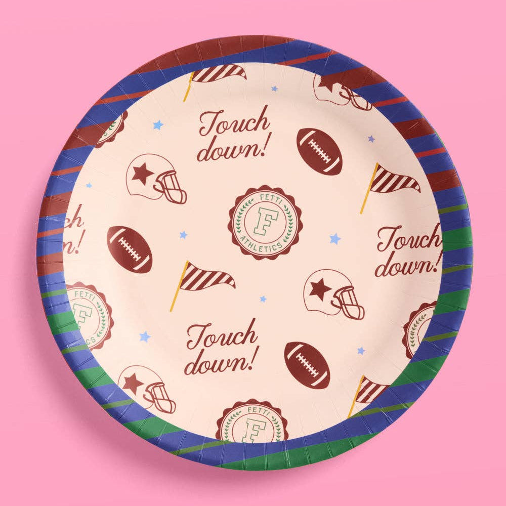 Round varsity football party plate with touchdown and helmet print