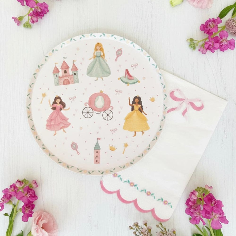 Princess plate styled with a bow napkin and fresh flowers