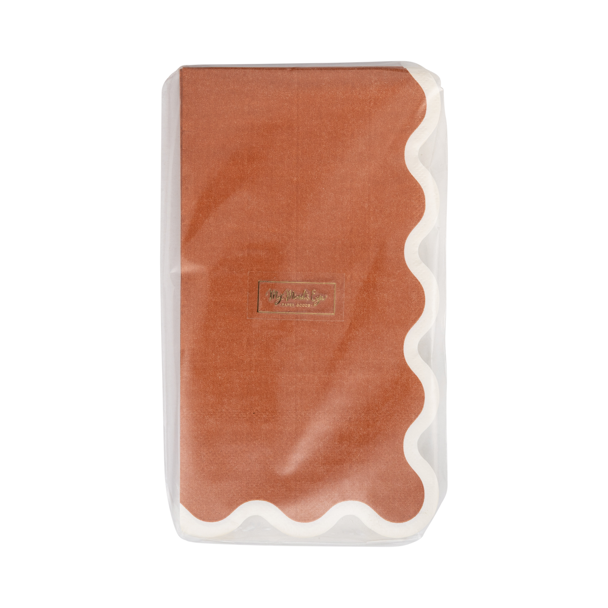 Stack of folded rust paper dinner napkins showing the solid color and cream wavy edge, front view.