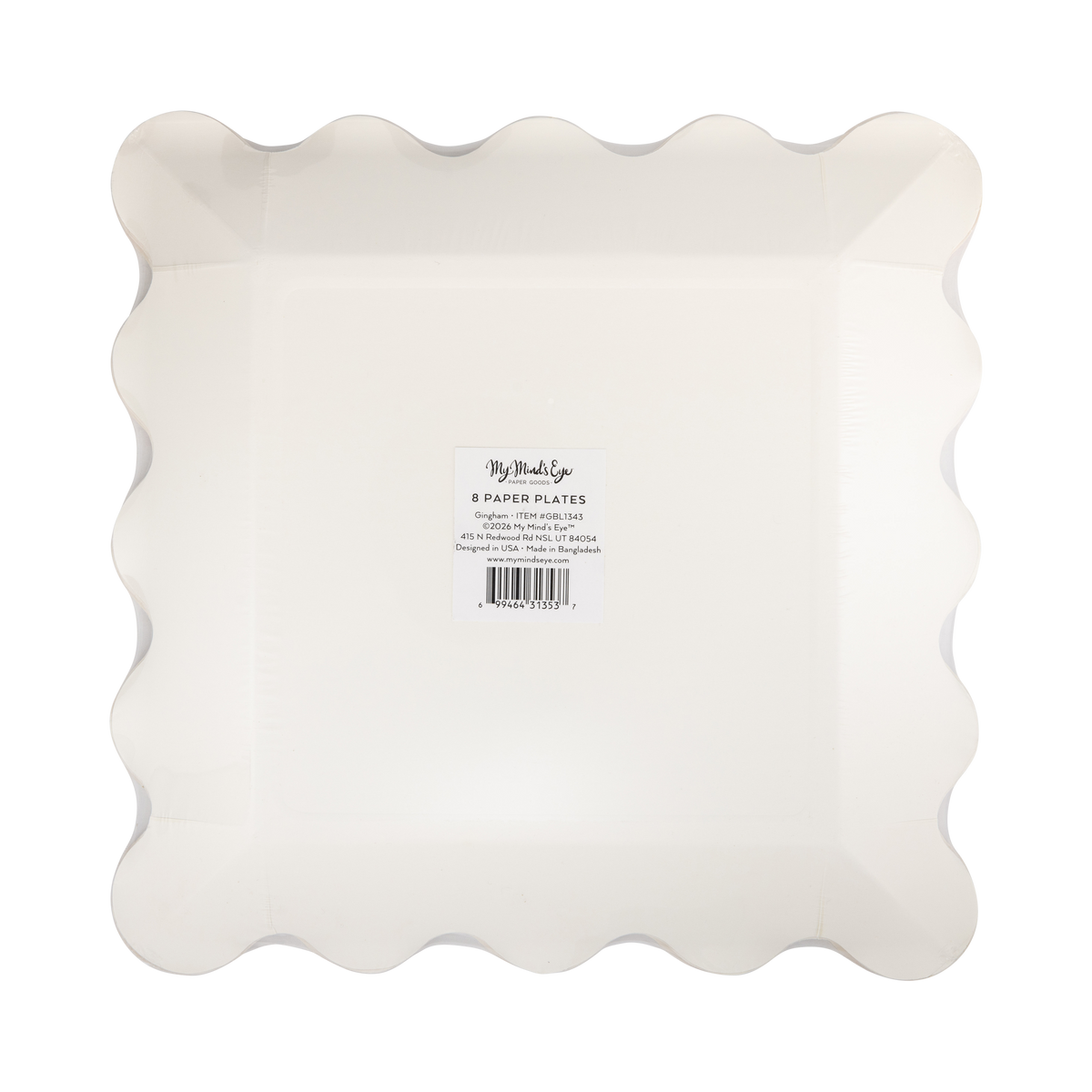 Back view of the rust gingham plates on a clear packaging showing white scalloped  edges of the paper plate.