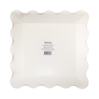 Back view of the rust gingham plates on a clear packaging showing white scalloped  edges of the paper plate.