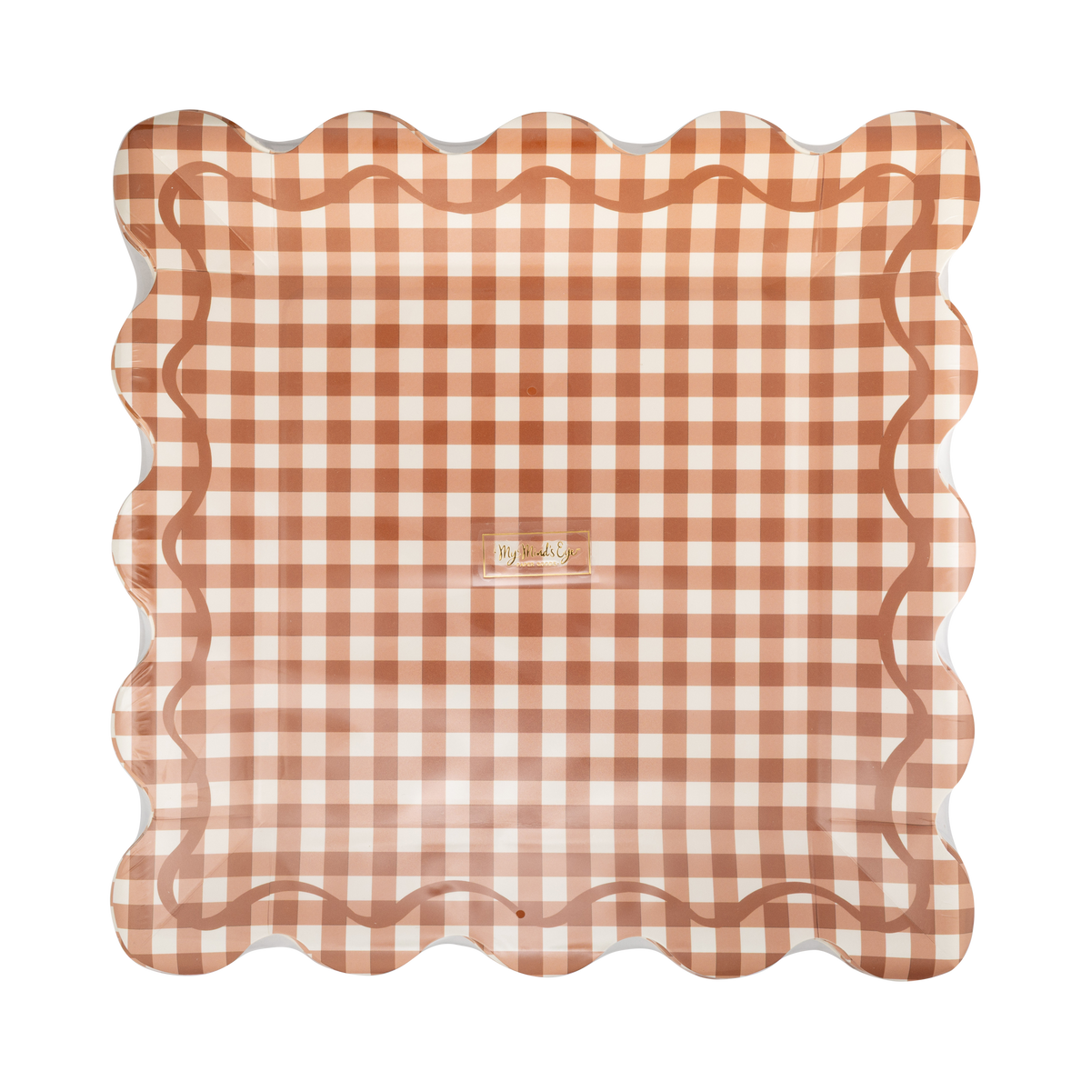 Stack of 8 rust gingham square charger plates with scalloped edge on a clear packaging, front view.