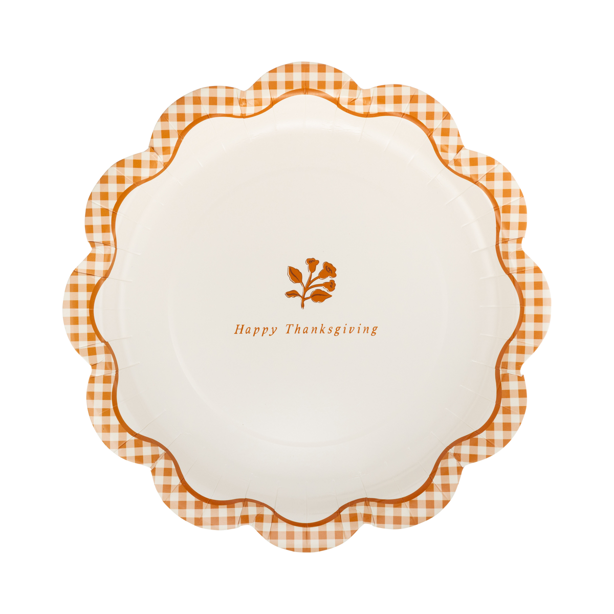 Overhead view of 9 inch rust gingham Happy Thanksgiving paper dinner plate with gold foil script against cream background.