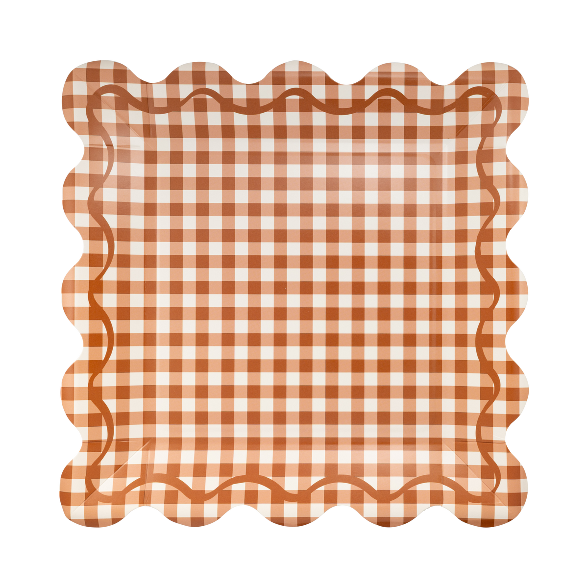 Rust gingham square paper plate in orange and cream checks with a scalloped edge, front view.