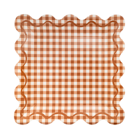 Rust gingham square paper plate in orange and cream checks with a scalloped edge, front view.
