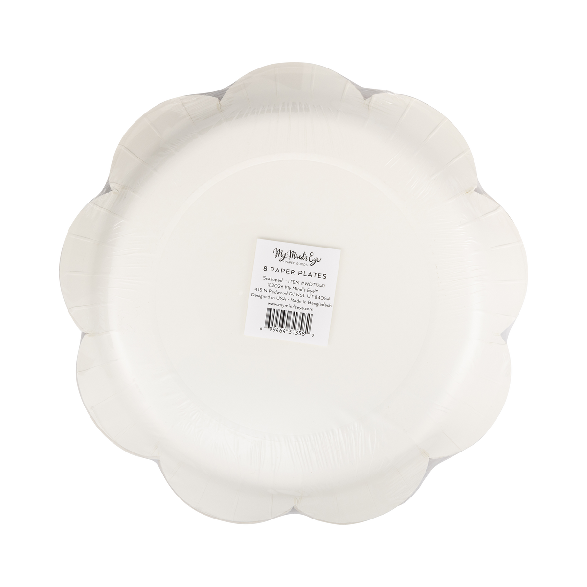 Back view of the white paper plate showing the manufacturer barcode and product label.