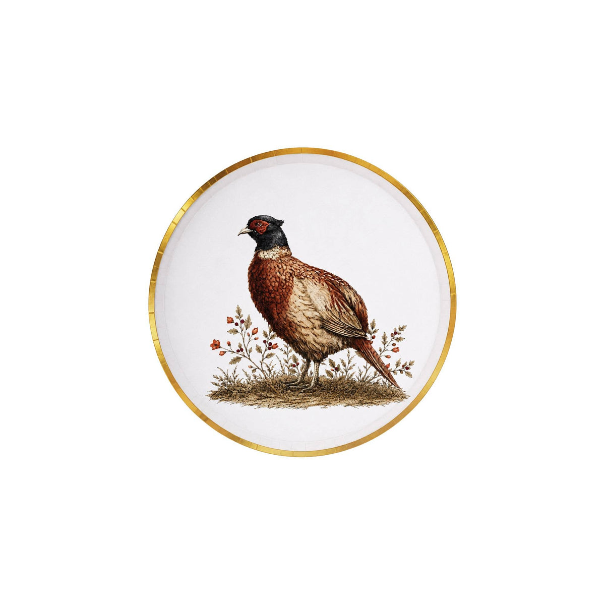 Cream pheasant appetizer plate with a thin gold rim and a game bird among red-berry botanicals.
