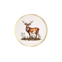 Cream stag appetizer plate with a thin gold rim and a stately deer among evergreen sprigs.