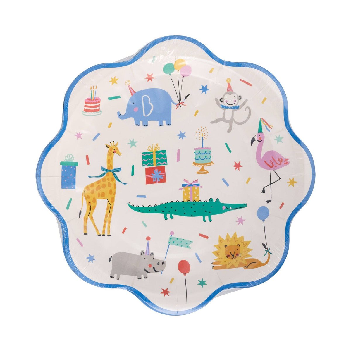 Packaging of animal party scalloped paper plate showing colorful safari animals and confetti details.