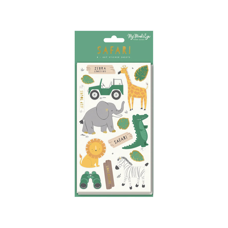Package of safari sticker sheets with lion, giraffe, elephant, zebra, crocodile, jeep, and leaves—great zoo party favors for a safari themed birthday party.