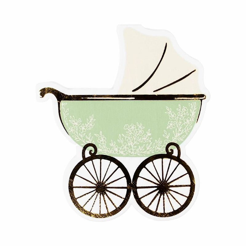 sage baby carriage napkin with gold foil wheels.