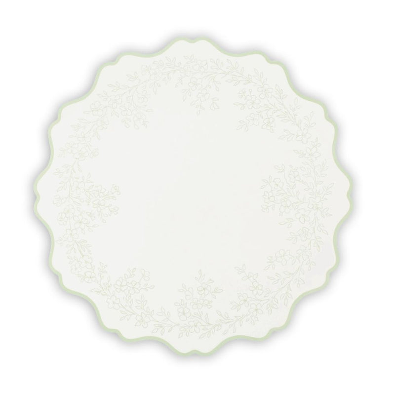 sage green floral placemat with scalloped edge.