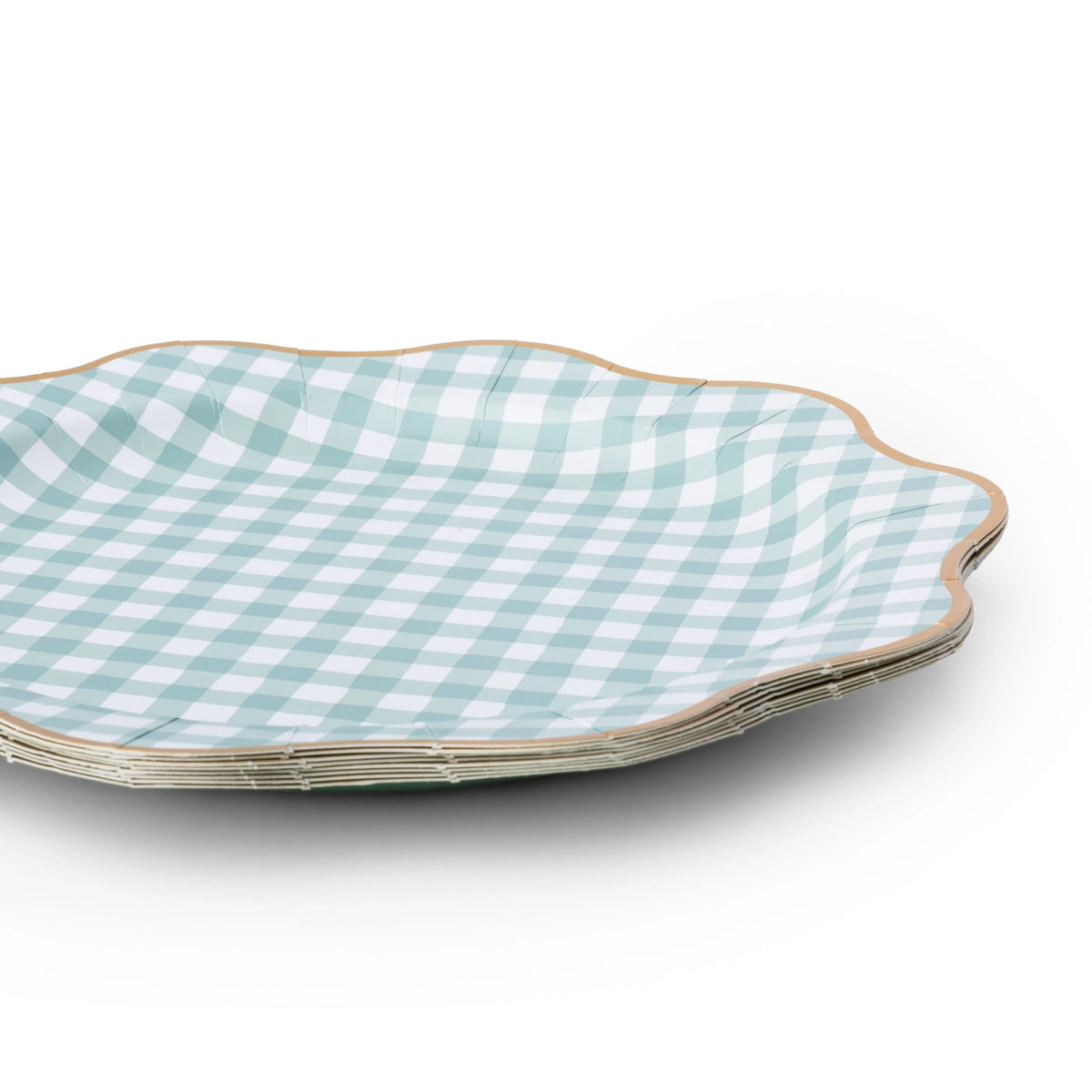 Sage green gingham scalloped dinner plate shown at an angle