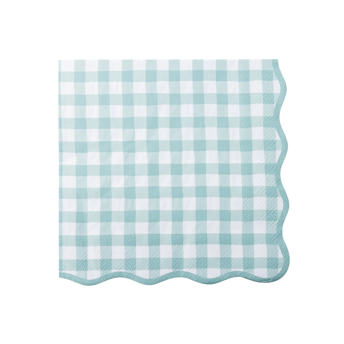 Sage green gingham paper dinner napkin with a scalloped edge