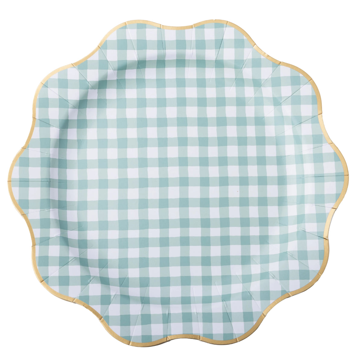 Sage green gingham paper dinner plate with a scalloped edge, shown top-down