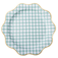 Sage green gingham paper dinner plate with a scalloped edge, shown top-down