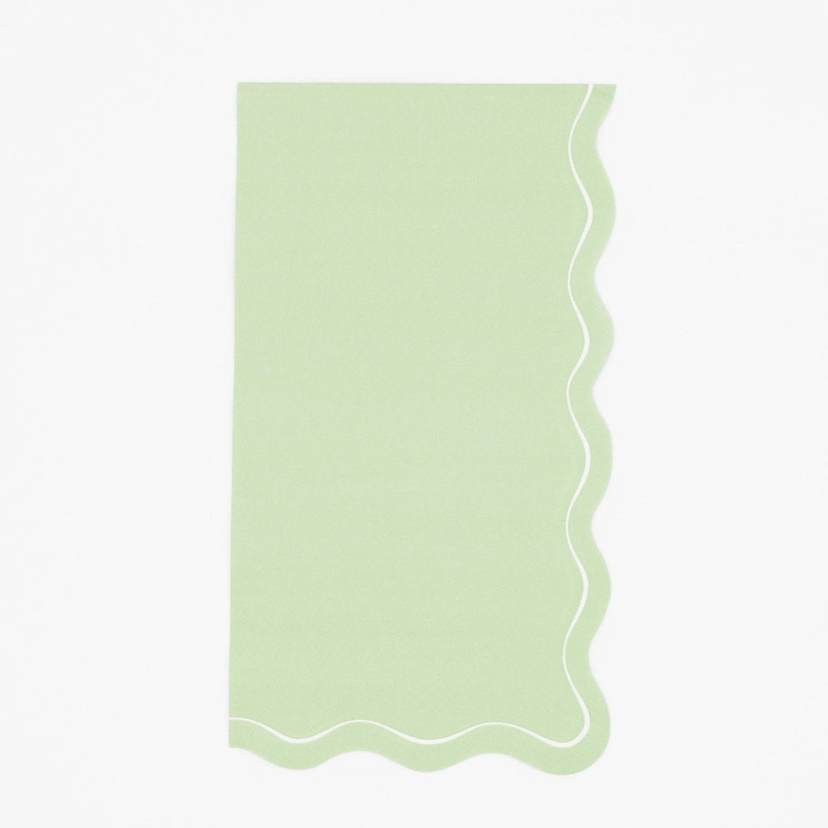 Solid sage green guest towel with a flowing scalloped white-outlined edge, flat view on white background.