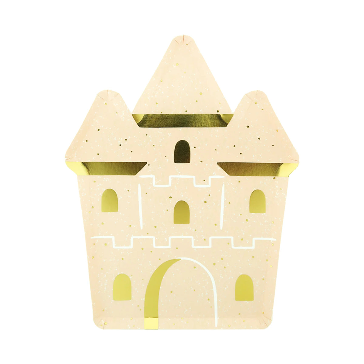 Sandcastle shaped paper plate in speckled sand cardstock with gold foil windows, turret trim, and an arched drawbridge, shown on a white background.