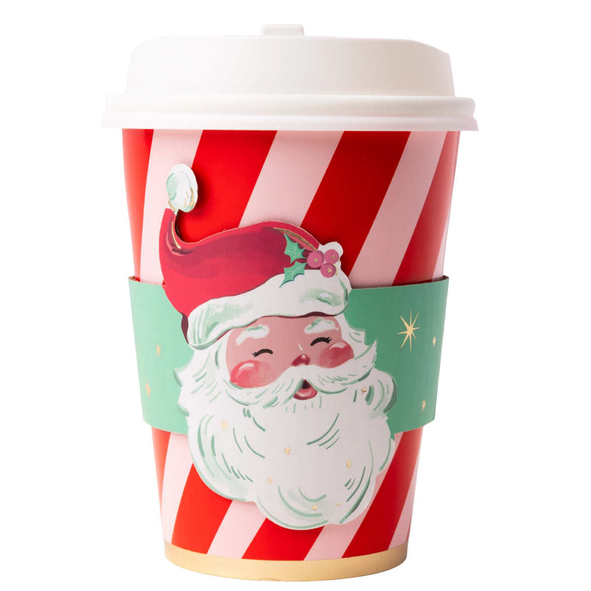 Single Santa hot cup with a white lid, red-and-pink peppermint stripes, and a green sleeve featuring a hand-drawn Santa face.