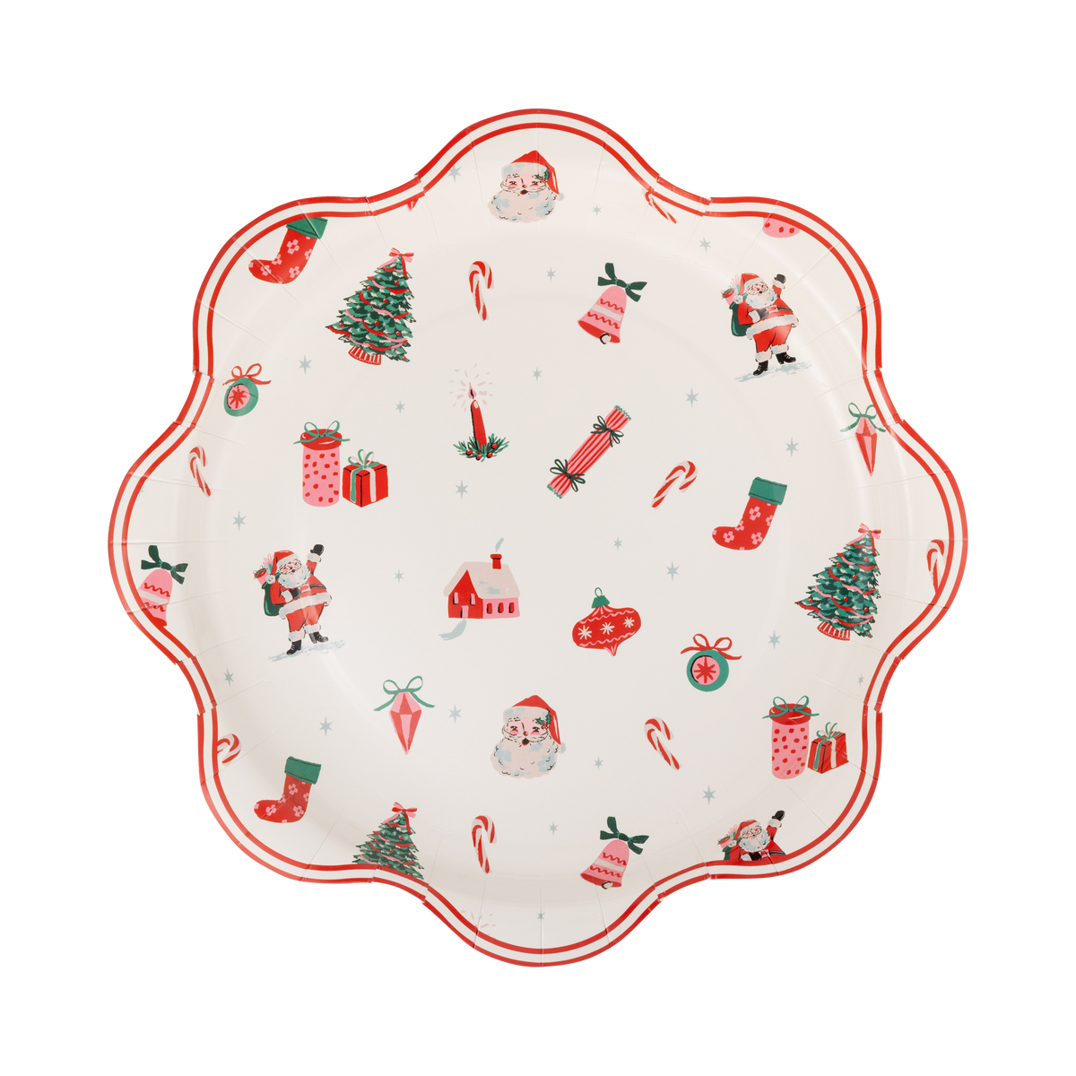 Santa and Christmas tree paper dinner plate with a wavy red edge and holiday icons