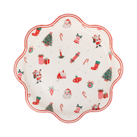 Santa and Christmas tree paper dinner plate with a wavy red edge and holiday icons