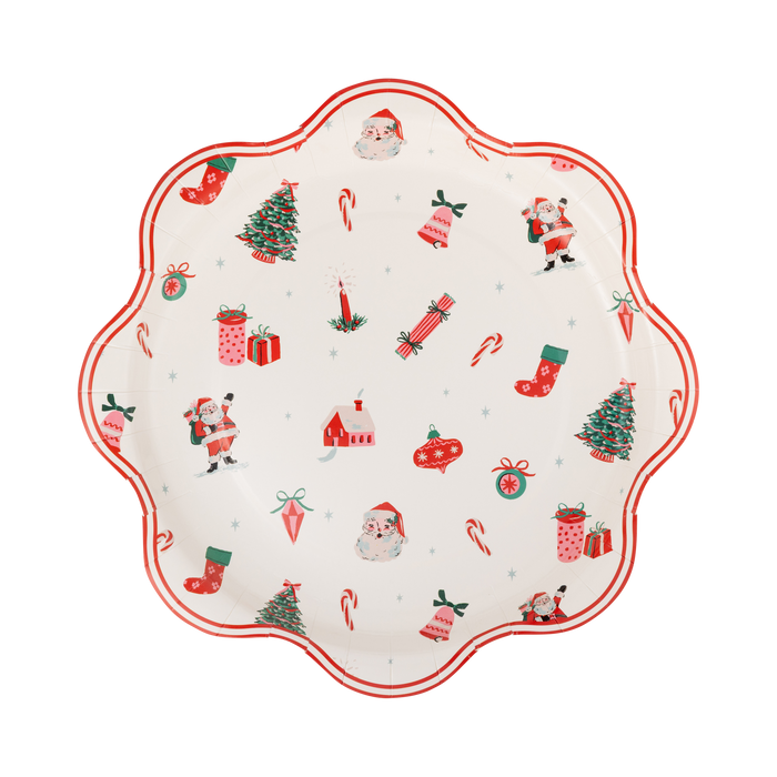 Santa and Christmas tree paper dinner plate with a wavy red edge and holiday icons