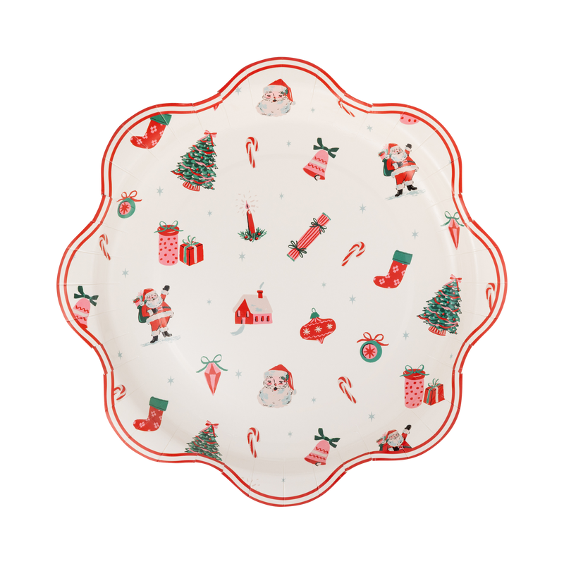 Santa and Christmas tree paper dinner plate with a wavy red edge and holiday icons