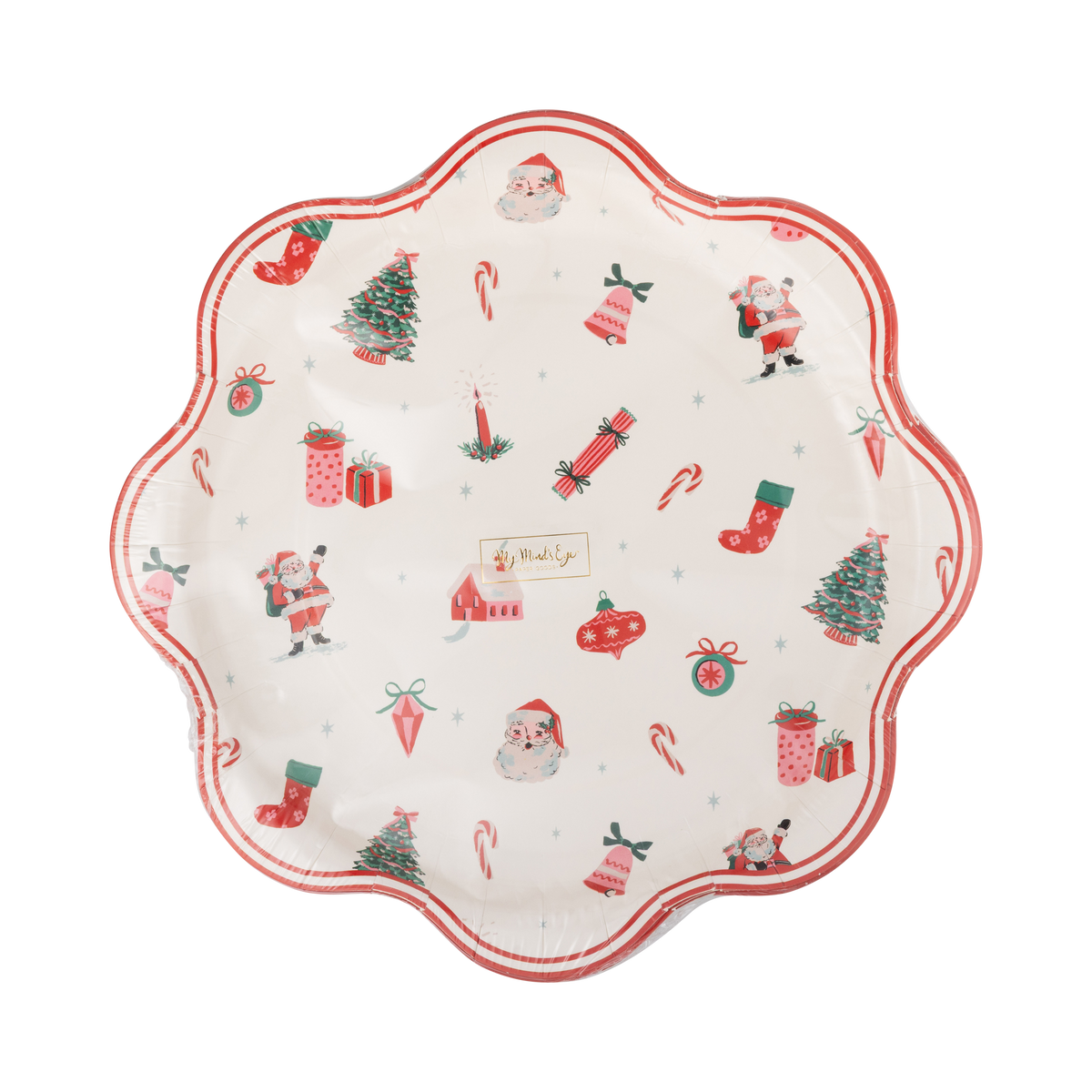 Santa and Christmas tree paper dinner plate showing the full illustration