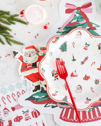 Santa and Christmas tree plates styled at a Christmas place setting
