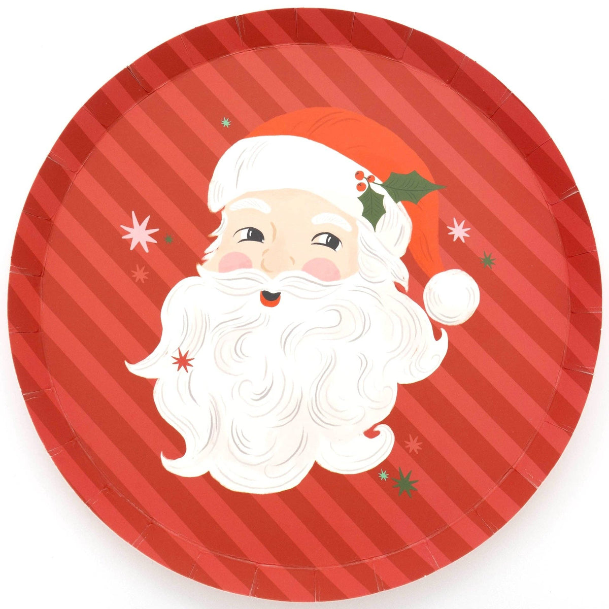 Angled view of the Santa dessert plate showing the candy-cane stripes and Santa face.