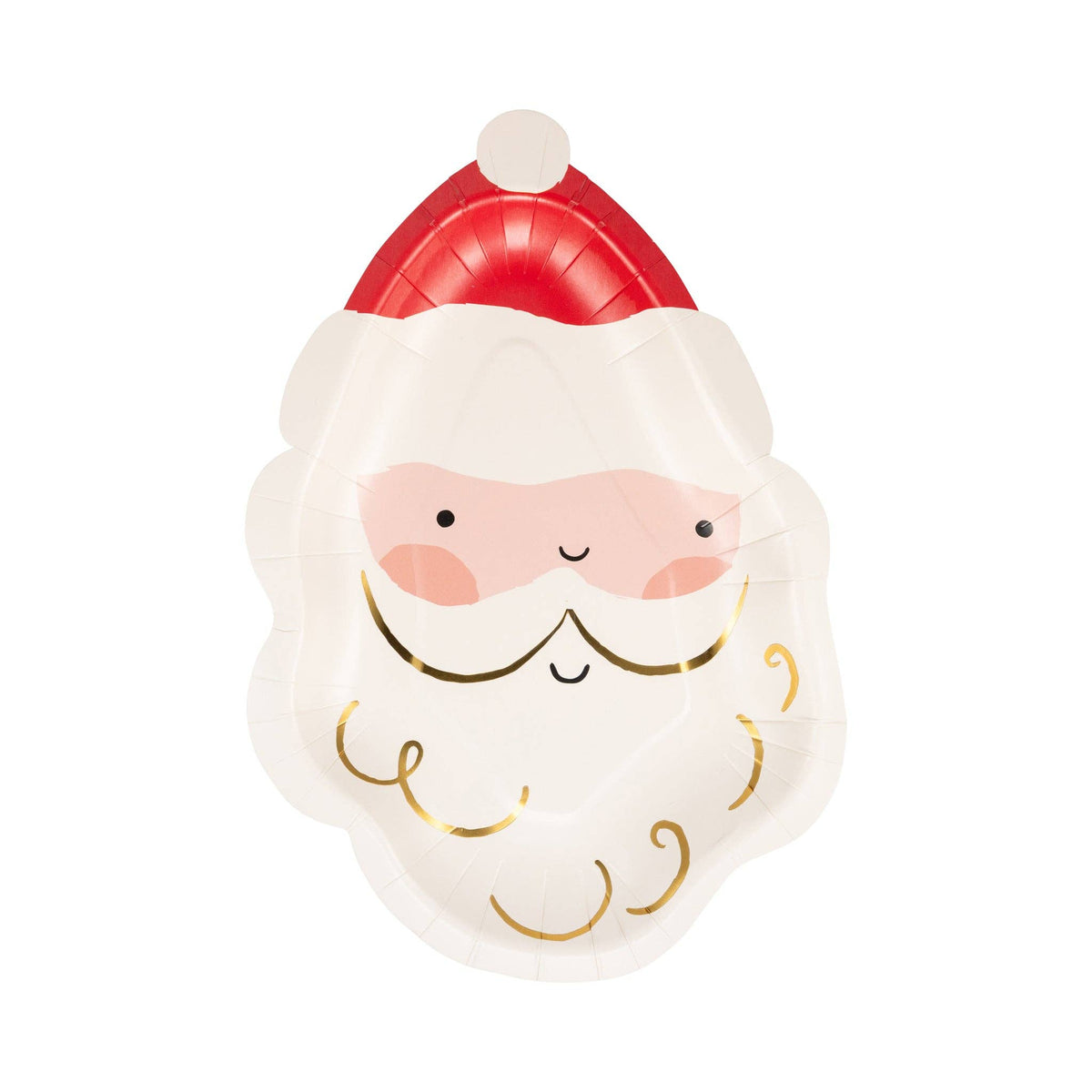 Santa-shaped paper plate with gold foil detailing and red Santa hat